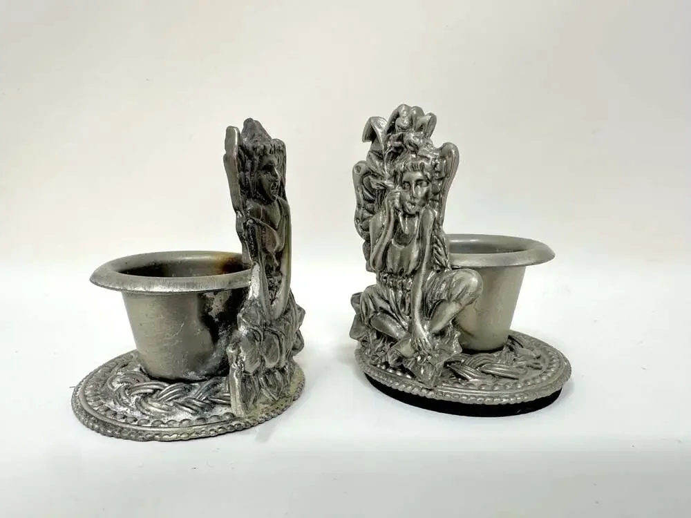 Pixie Fairies of the Woods Cast Pewter Vintage Candle Holders set of 2 fairycore